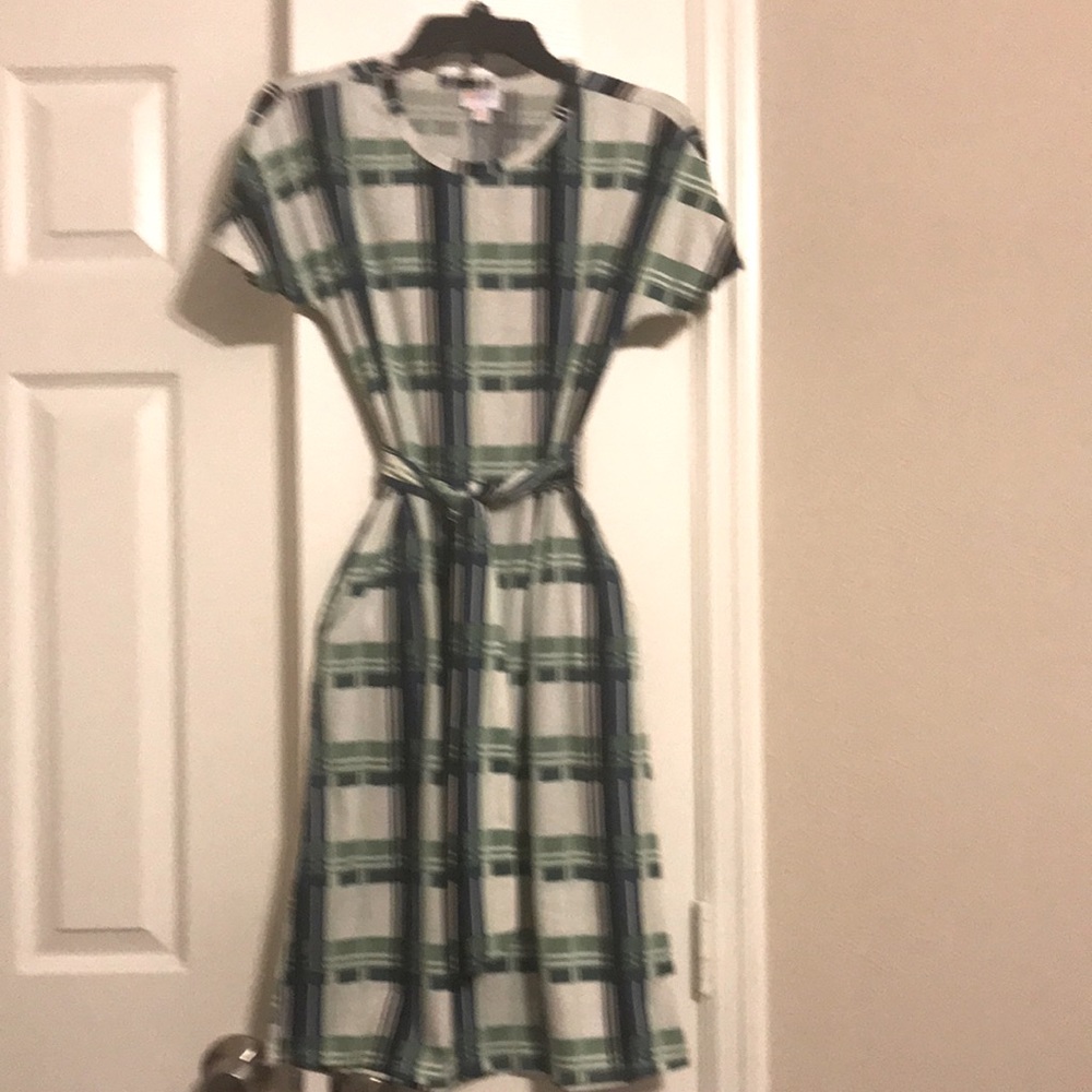 Dress Green, Black, Light Green, Beige and Blue Print. With Material Belt.